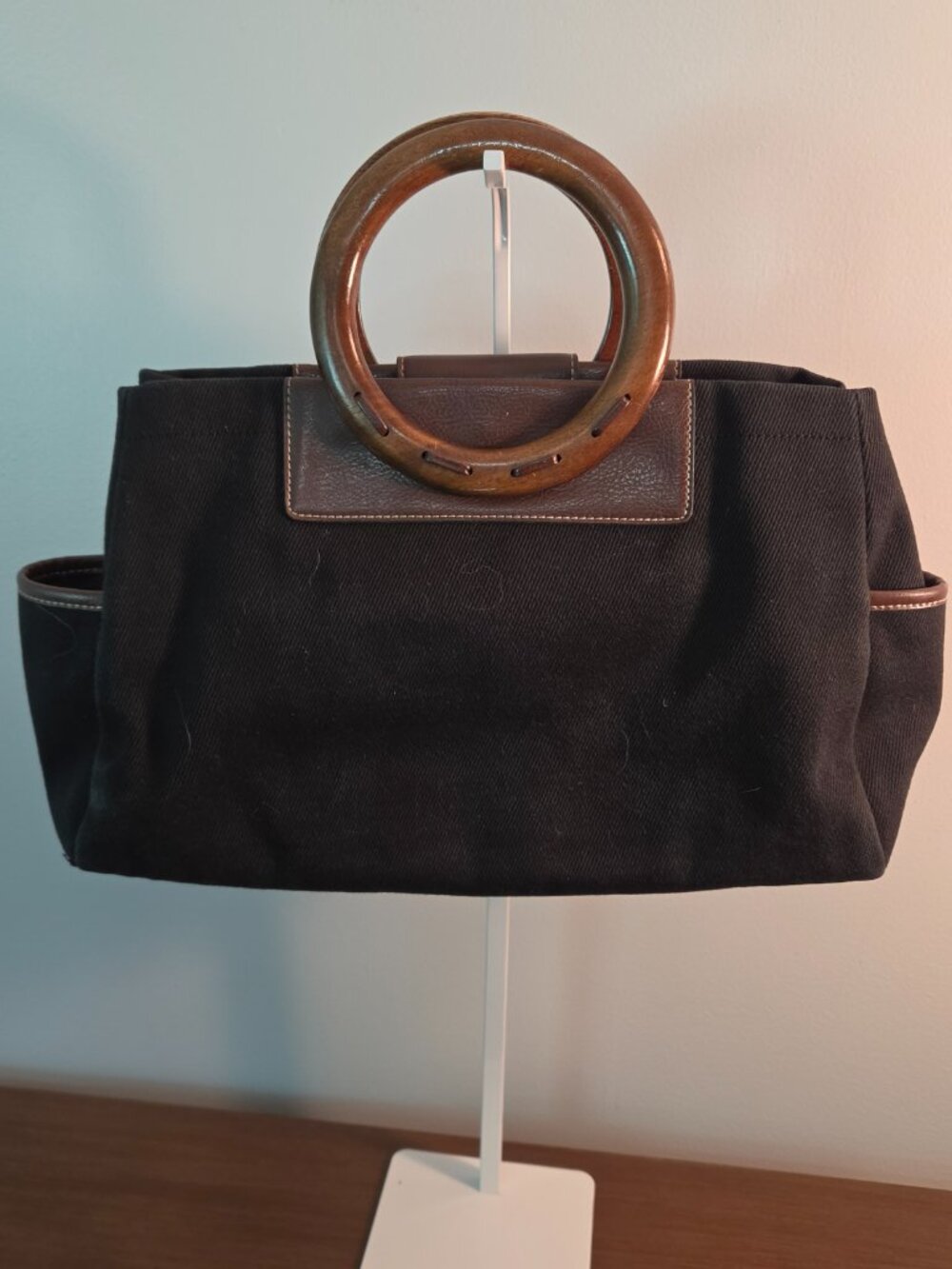 RELIC - BLACK CANVAS TOTE BAG BROWN LEATHER TRIM AND DISTINCTIVE ROUND HANDLES